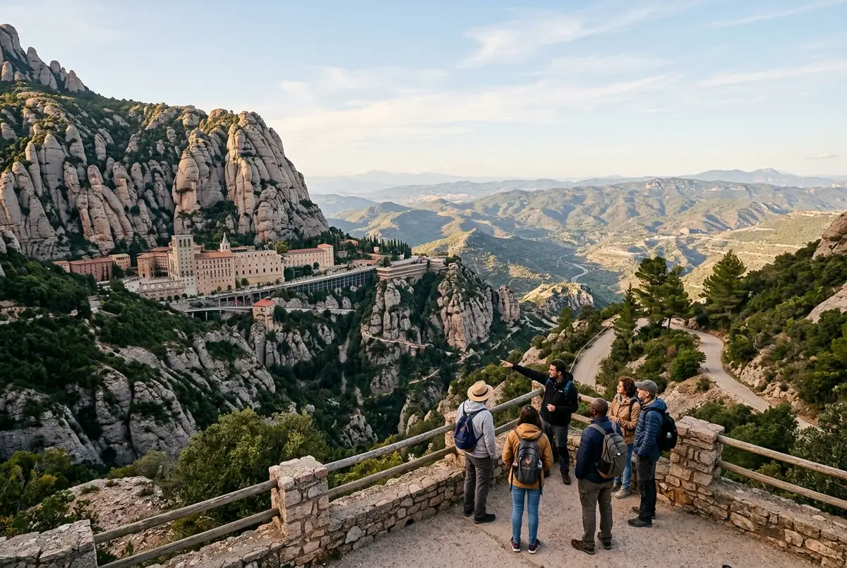 Montserrat monastery and mountain peaks seen on a guided Montserrat tour from Barcelona